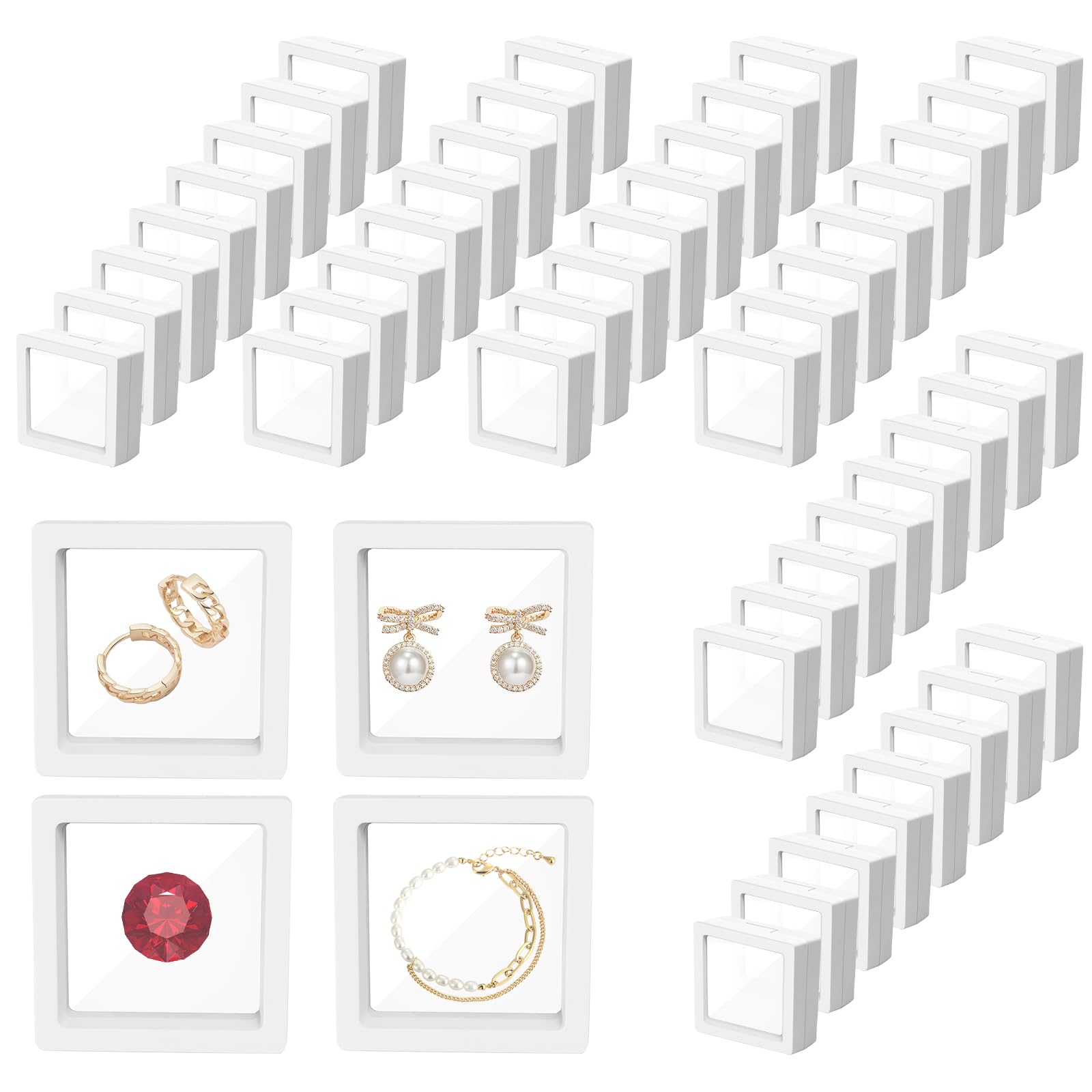 Photo 1 of *** MISSING 2 *** TANEMUDO 64 Pcs Floating Frame 3D Transparent Plastic Display Stand with Clear PE Film for Coin Jewelry Medallion Shells Small Collectibles Display Case