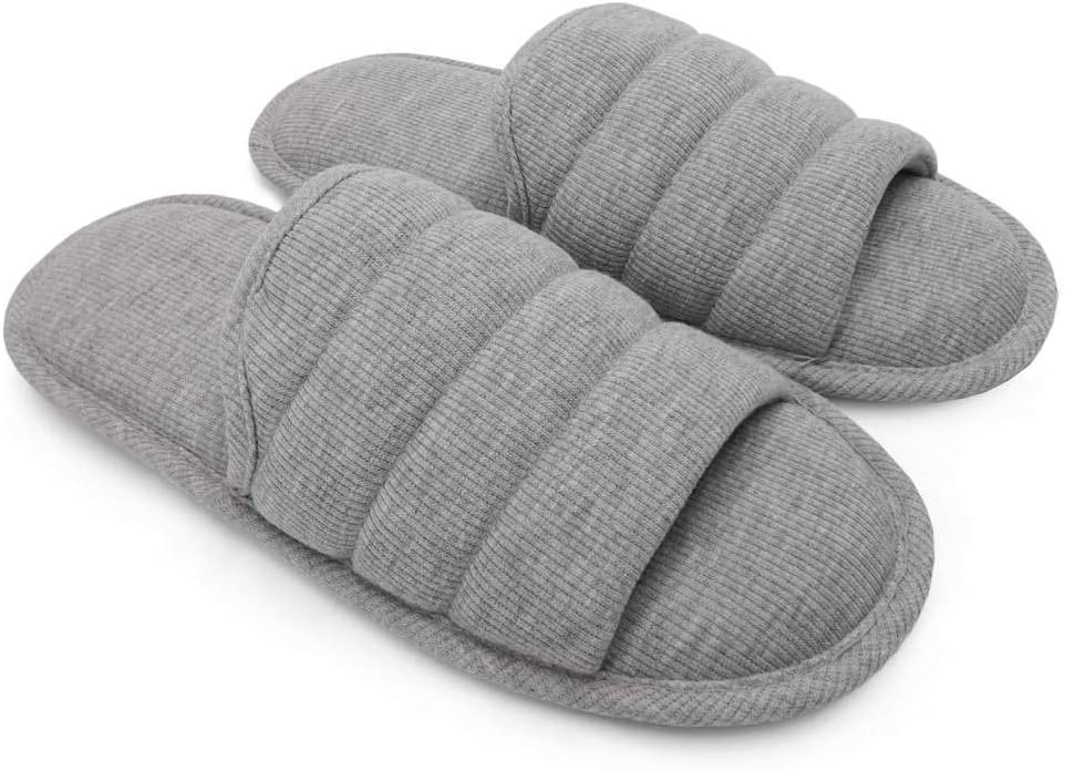 HSXQQL Men's Knitted Breathable Cotton Slip on Flat Slippers for Men Open Toe Soft Memory Foam Indoor Sandals,Grey