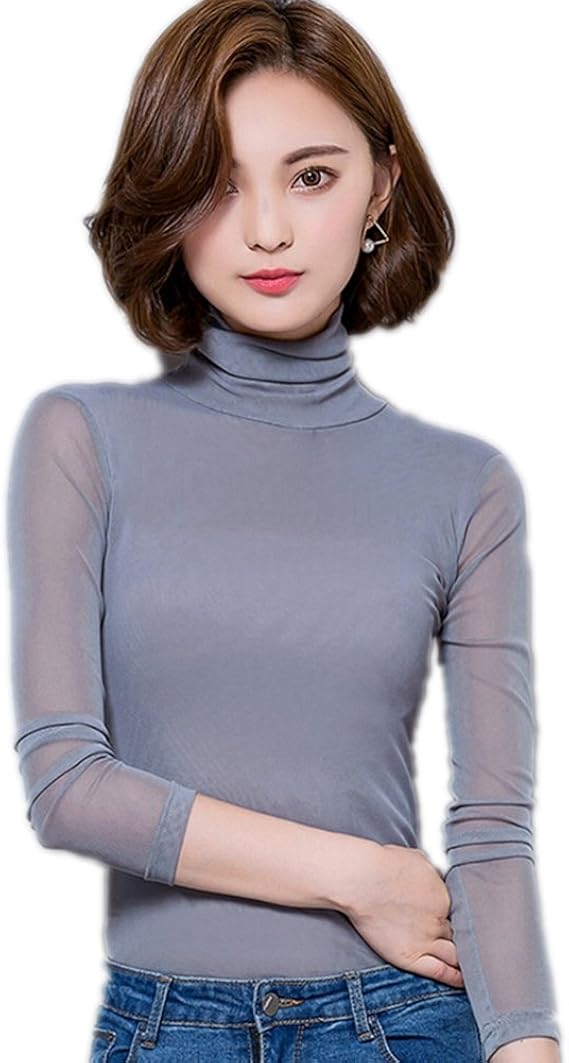 Amazon Tシャツ レディース おしゃれ 長袖 Tシャツ 無地 タートルネック 体型カバー インナーシャツ 伸縮性 ストレッチ チュール カジュアル エレガント 着痩せ きれいめ ファッション 大きいサイズ 黑 白 春 秋 6色展開 L グレー Tシャツ カットソー 通販