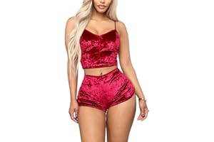 Angsuttc Women's Velvet 2 Piece Outfit Spaghetti Strap Crop Top Shorts Pajamas Set Sleepwear Nightwear
