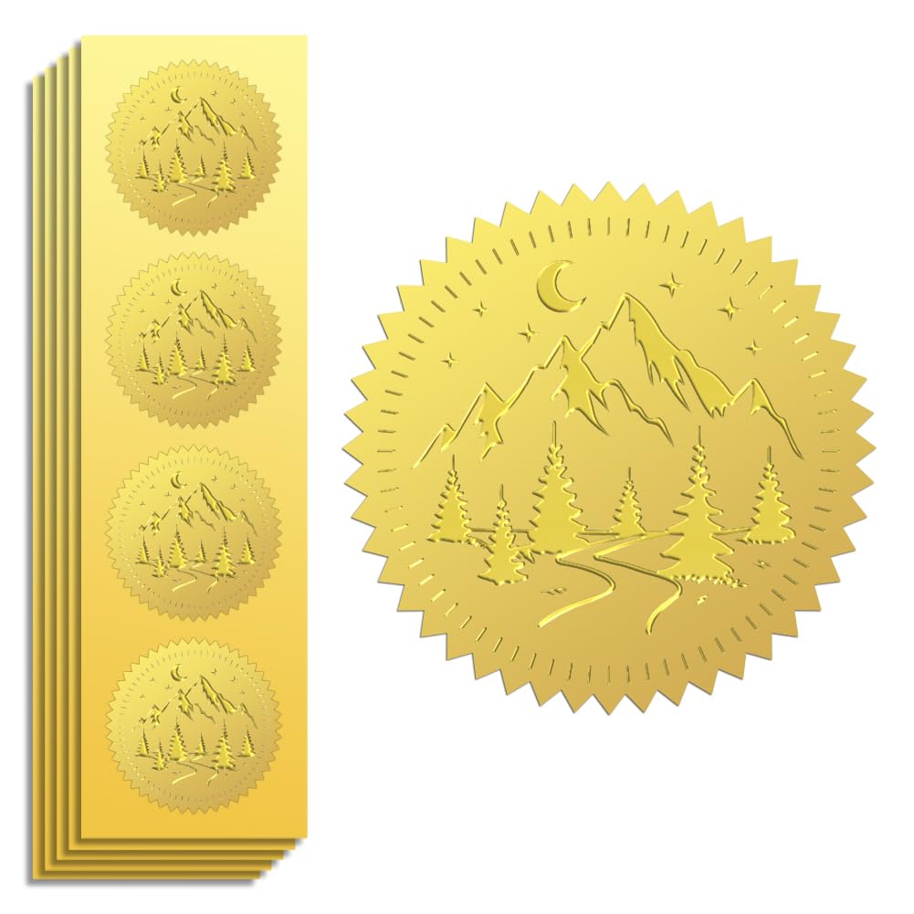 Photo 1 of Peacoblue Gold Foil Sticker Seal Embossed Mountains and Forests 2 Inch 100Pcs, Self Adhesive Golden Around Embossing Decals for Invitation Certificate Envelope Seal Gift Card Decoration