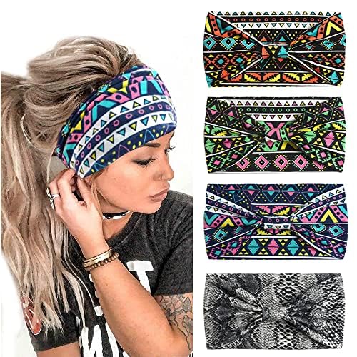 4Pcs Headbands for Women Wide Knotted Turban Bandana Boho Head Scarfs Wraps Yoga Hairbands Fabric Elastic Headband Sport Running Headscarves (BohoFlower) — image 1