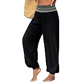 Dokotoo Beach Pants for Womens Vacation Summer Outfits Smocked Waist Harem Boho Flowy Wide Leg Hippie Pants with Pockets