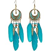coadipress Boho Feather Earrings for Women Bohemian Fringe Tassel Long Drop Dangle Earrings Vintage Multicolor Tassel Feathers Earrings Handmade Natural Feather Earring Jewelry