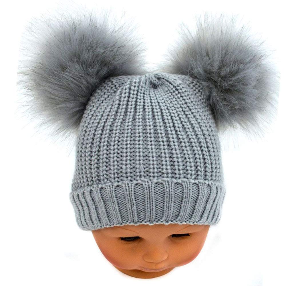 Tillfield Grey Soft Touch Baby Ribbed Double Faux Fur Pom Pom Hat (Newborn to 6 Months)