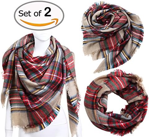 vesfashion 2pcs Scarf Plaid&Tartan Infinity Scarf for Women Classic Large Blanket Scarf Stylish Gorgeous Wrap Shawl Soft Shawl