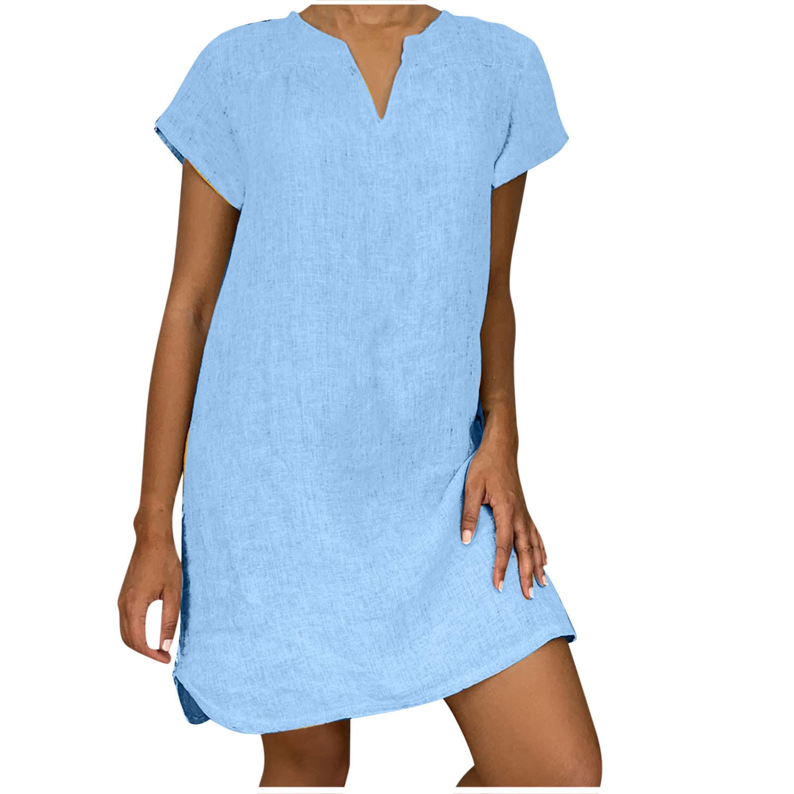 Women's Summer Cotton Linen Dress Loose V-Neck