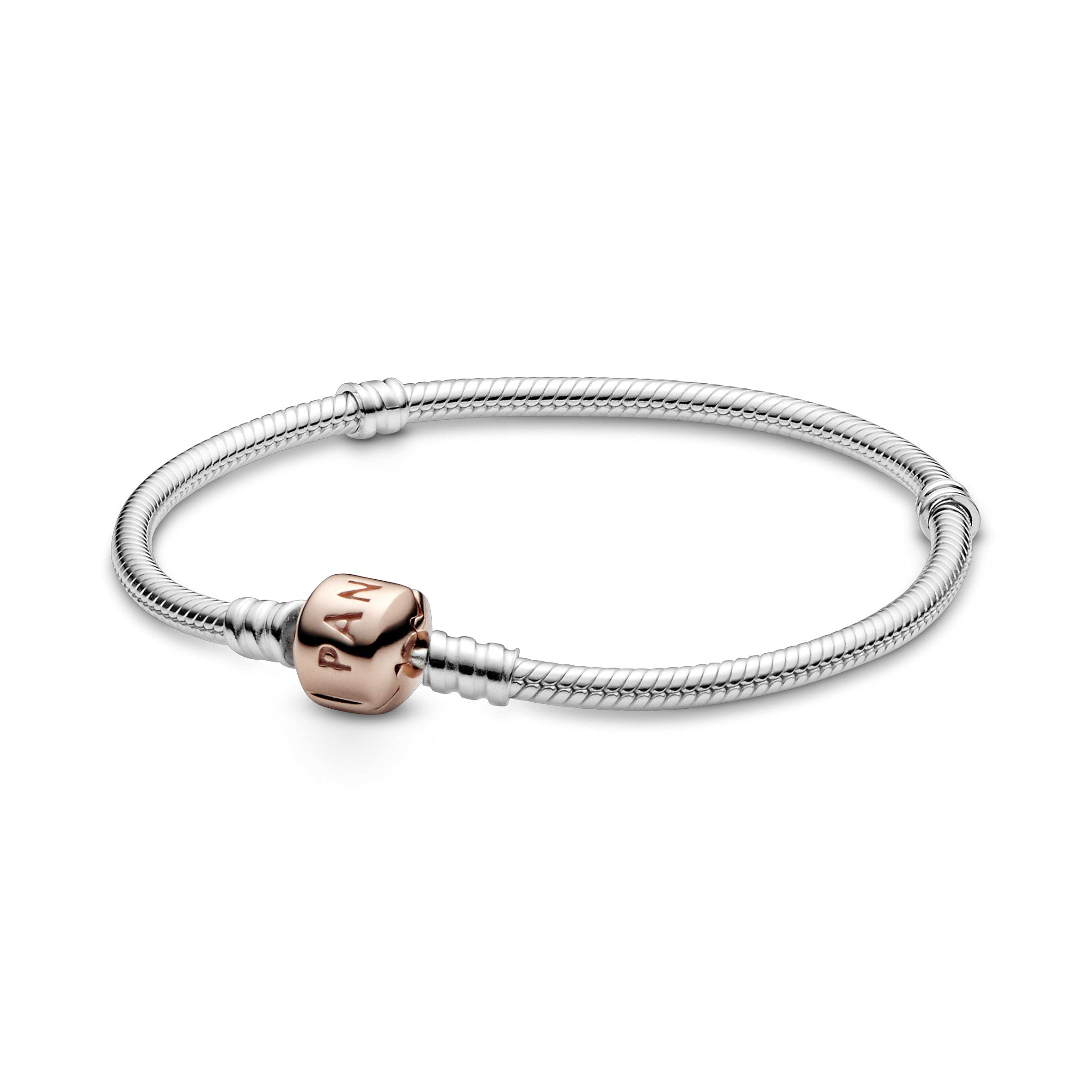 PANDORA Moments Women's 14k Rose Gold-Plated and Sterling Silver Snake Chain Bracelet for Charms, Size 19