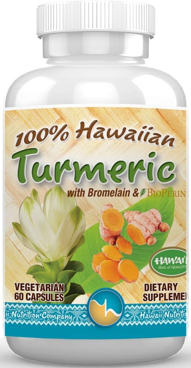 Hawaii Nutrition Company Turmeric Curcumin Capsules - 100% US Grown Turmeric, Anti Inflammatory Supplements for Joint Support, Bromelain & BioPerine for Best Absorption, 60 Count