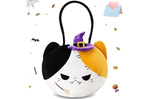 HappySpot Halloween Trick or Treat Bucket,7.8 X 12 inches Plush Candy Basket with Handle,Calico Cat Tote Bags with Purple Wizard Hat Gift Bucket for Halloween Party Favor Supplies Kids Toddler