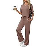 ANRABESS Women's Lounge Sets 2 Piece Outfits 2026 Summer Casual Short Sleeve Sweatsuits Matching Tracksuits Wide Leg Pant Set