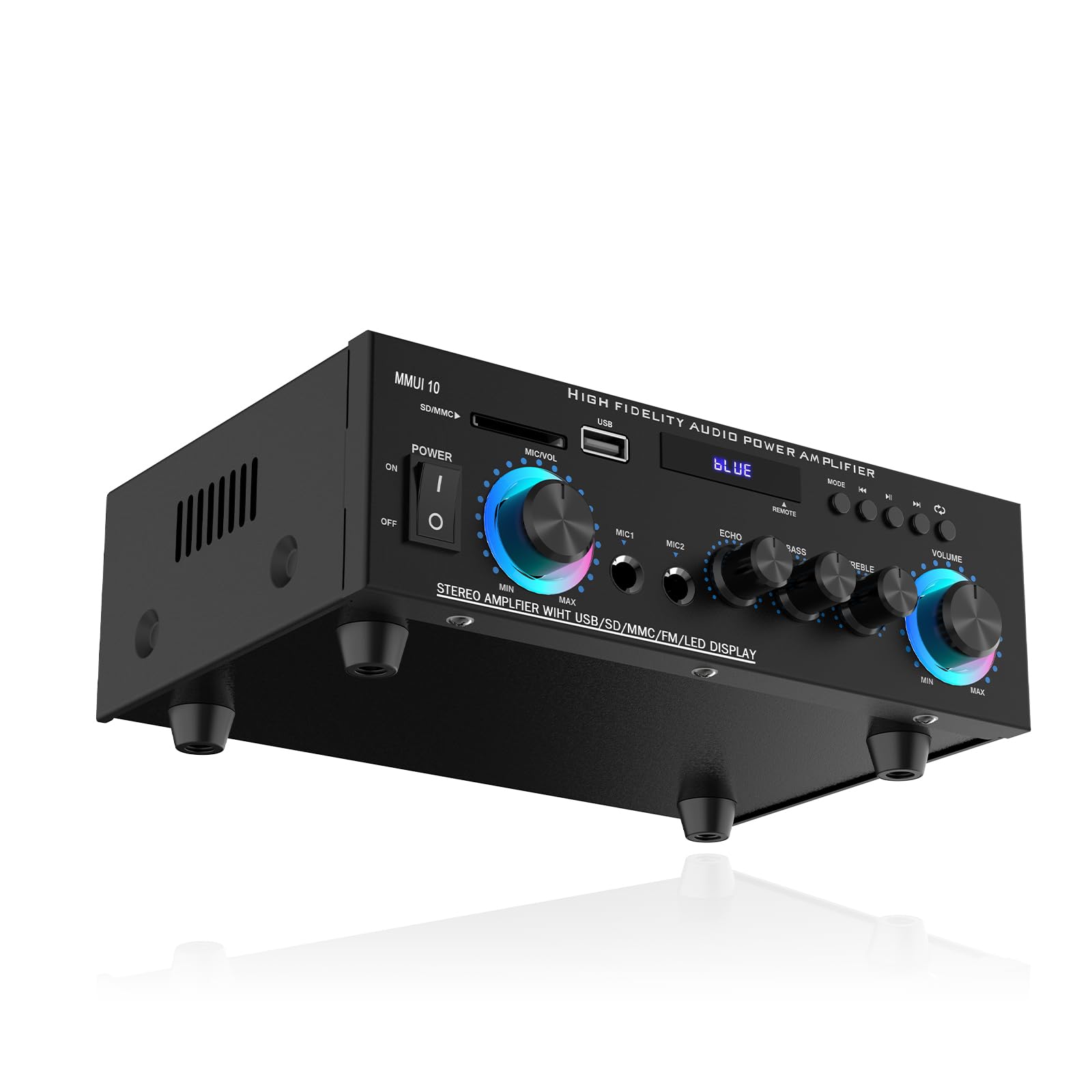 Home Audio Amplifier, 300W Home 2.0 Channel Stereo Receiver with Bluetooth 5.0, Active Subwoofer Output, FM Radio, USB/SD/AUX, MIC in with Echo,