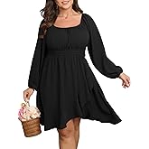 SCOMCHIC Women Plus Size Fall Dresses Long Sleeve Square Neck Ruffle Hem Flowy A-Line Cocktail Wedding Guest Mini Short Dress