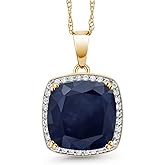 Gem Stone King 10K Yellow Gold Customized and Personalized Cushion Cut 12MM Gemstone Birthstone and White Created Sapphire Pendant Necklace For Women with 18 Inch Chain