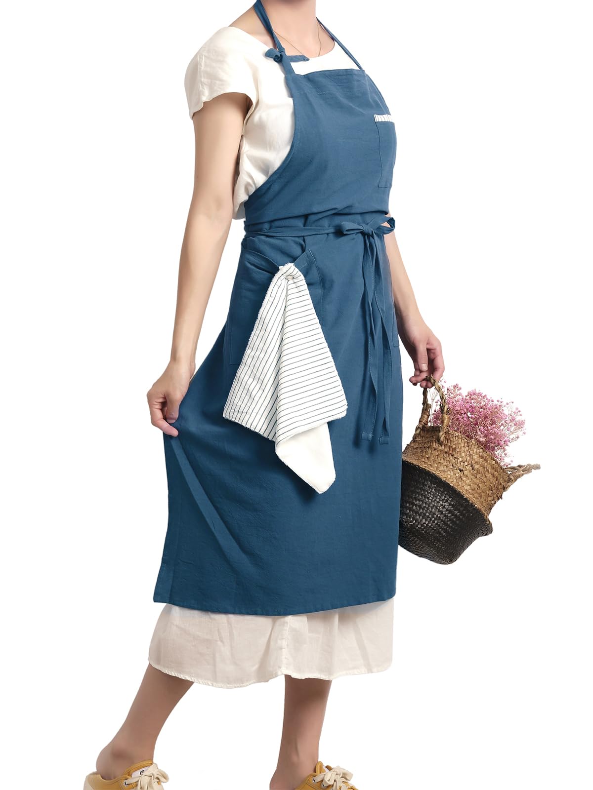 Pincy Soft Cotton Linen Apron - Retro Linen Art Apron, Adjustable Casual Apron with Towel, Great for Florist, Coffee House and Kitchen (Blue Ashes)