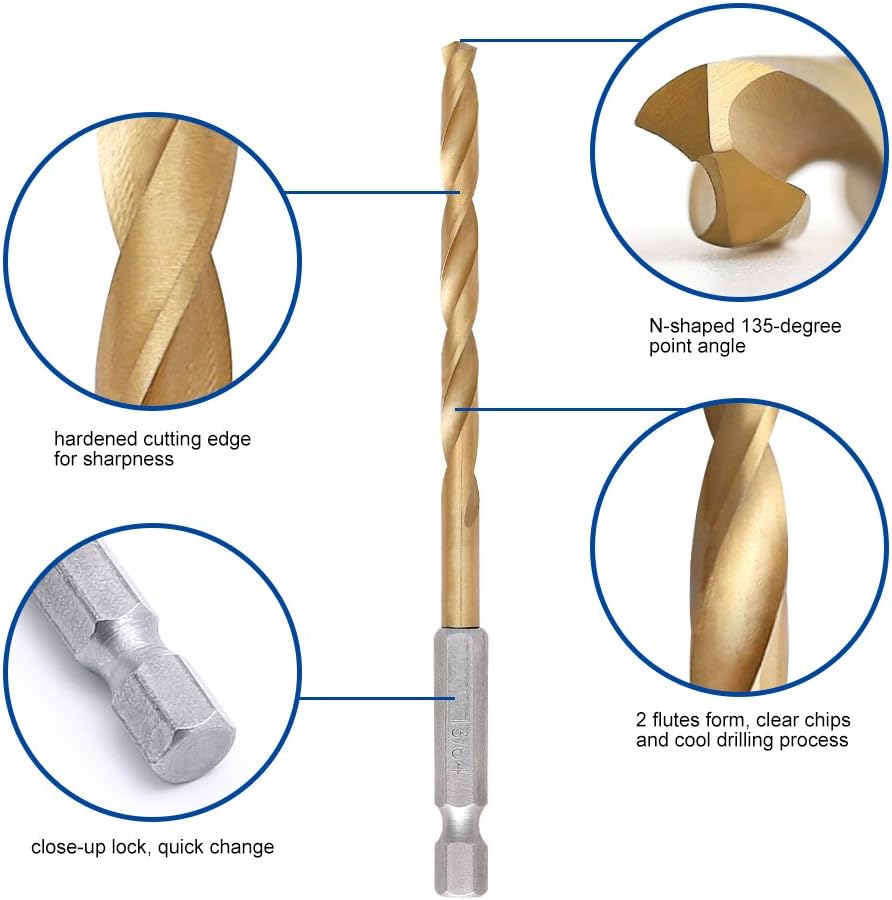COMOWARE Titanium Twist Drill Bit Set - 13 Pcs Hex Shank High Speed Steel for Wood Plastic Aluminum Alloy, Quick Change, 1/16"-1/4": Industrial & Scientific
