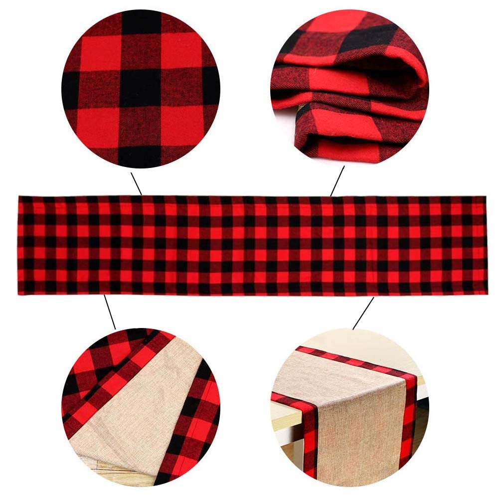 HAKACC Black and Red Buffalo Plaid Table Runner Cotton Burlap Table Runner for Christmas Holiday Birthday Party Table Home Decoration