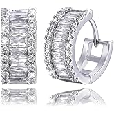 Brilliant Cubic Zirconia Iced CZ Huggie Trendy Hypoallergenic Chunky White Gold Plated 925 Sterling Silver Post Thick Baguette Hoop Earrings Fine Jewelry Birthday Gifts For Men And Women