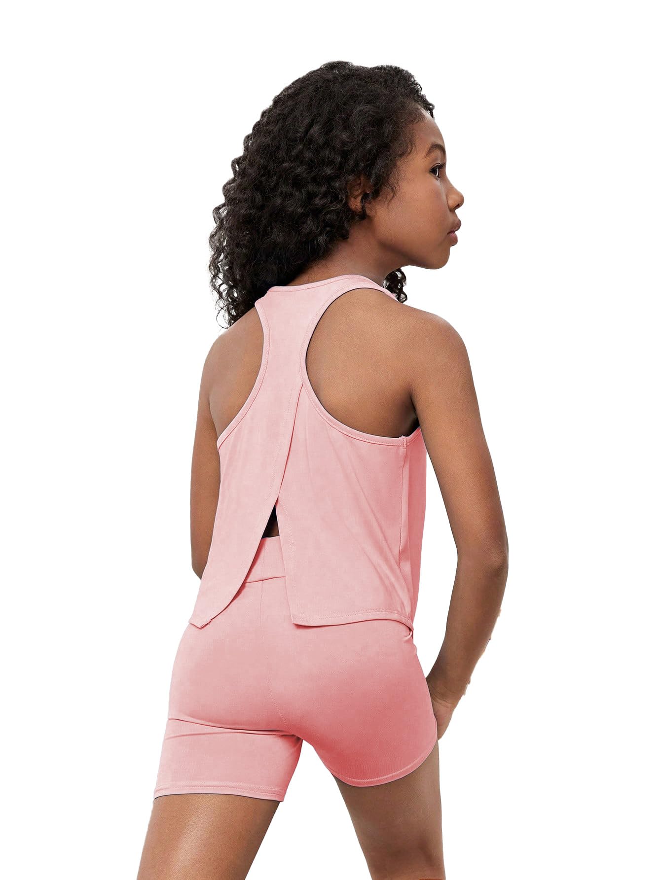 Photo 1 of BEAUDRM Girl's 2 Piece Workout Outfits Round Neck Split Crop Tank Top and Biker Shorts Athletic Sets Pink 8Y