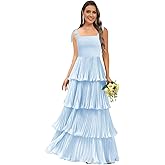 Monvelli Women's Bow Straps Tiered Ruffle Bridesmaid Dresses Square Neck Long Pleated Chiffon Formal Evening Party Gowns