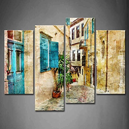 Amazon Com First Wall Art 4 Panel Wall Art Old Streets Of Greece Painting The Picture Print On Canvas Architecture Pictures For Home Decor Decoration Gift Piece Stretched By Wooden Frame Ready