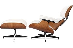 ENZEES Top White Grain Leather, Mid Century Chaise Lounge Chair and Ottoman, Modern Chair Classic Design, Walnut Wood, Heavy Duty Base Support for Living Room Study Lounge Office