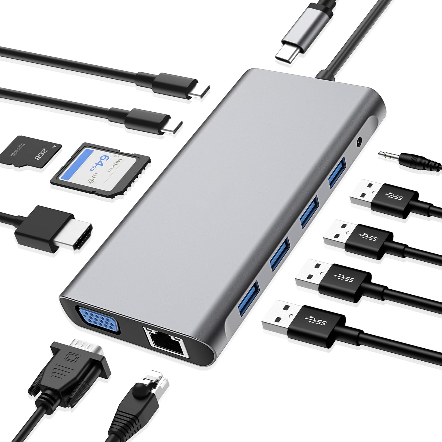 SZPACMATE USB C HUB - 12 in 1 Docking Station with 4K HDMI, VGA, USB 2.0, 3.0, PD 3.0, Ethernet, SD/TF, AUX for MacBook Pro/Air & More Type C Devices