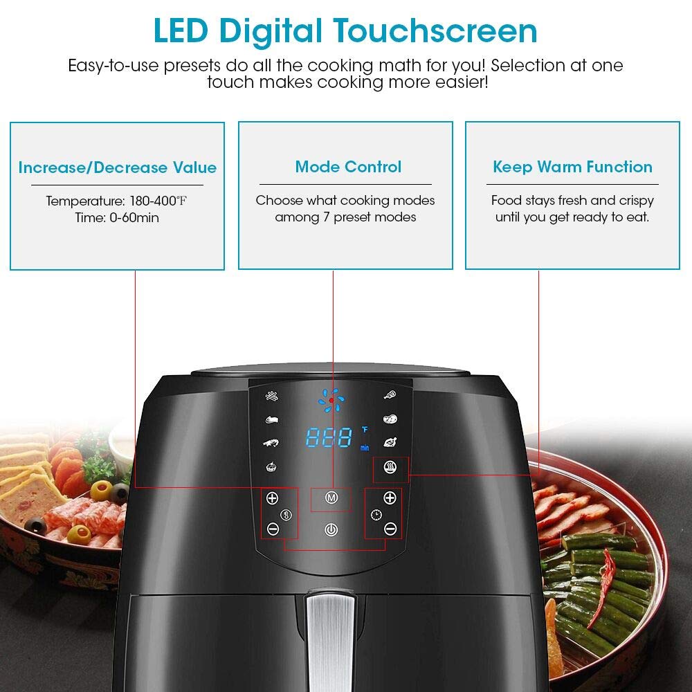 Rozi Air Fryer, 1800W Electric Hot Air Fryers XL 5.5QT, Oven & Oilless Cooker for Roasting, Programmable Air Fryer with 7 Cook Presets