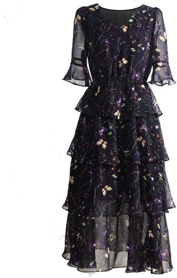 Amazon 花柄ワンピース レディース ロングワンピース Vネック シフォンワンピース ドレス 夏 海 ビーチ カジュアル パーティー 二次会 マキシ丈 ワンピース チュニック 通販