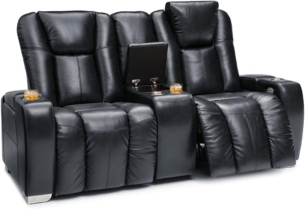 Barcalounger Griffith Home Theater Seating Leather Loveseat with Power Recline and Power Headrests (Black)