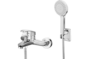 LEADAHEAD Wall Mounted Bath Mixer Tap Set Exposed Bathtub Faucet with 3-Spray Handheld Sprayer Bathroom Tub Mixer Tap Monobloc Bath Shower Filler Tap Chrome Shower Faucet with Shower Head, Holder, 59Inch Hose
