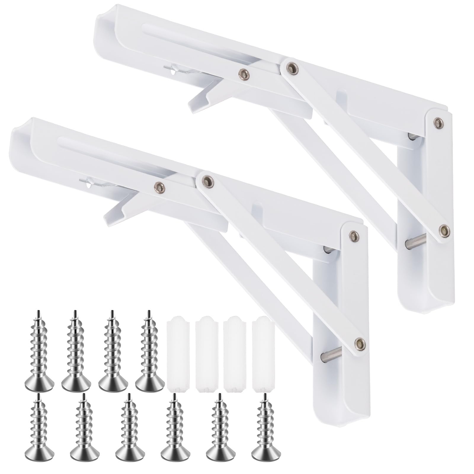 Tanstic 2 Pack 8 Inch Folding Shelf Brackets, Heavy Duty Wall Mounted Shelf Bracket, Metal Collapsible Shelf Bracket Triangle Shelf Support, Space Saving for Table Bench, Max Load 220lb(White)