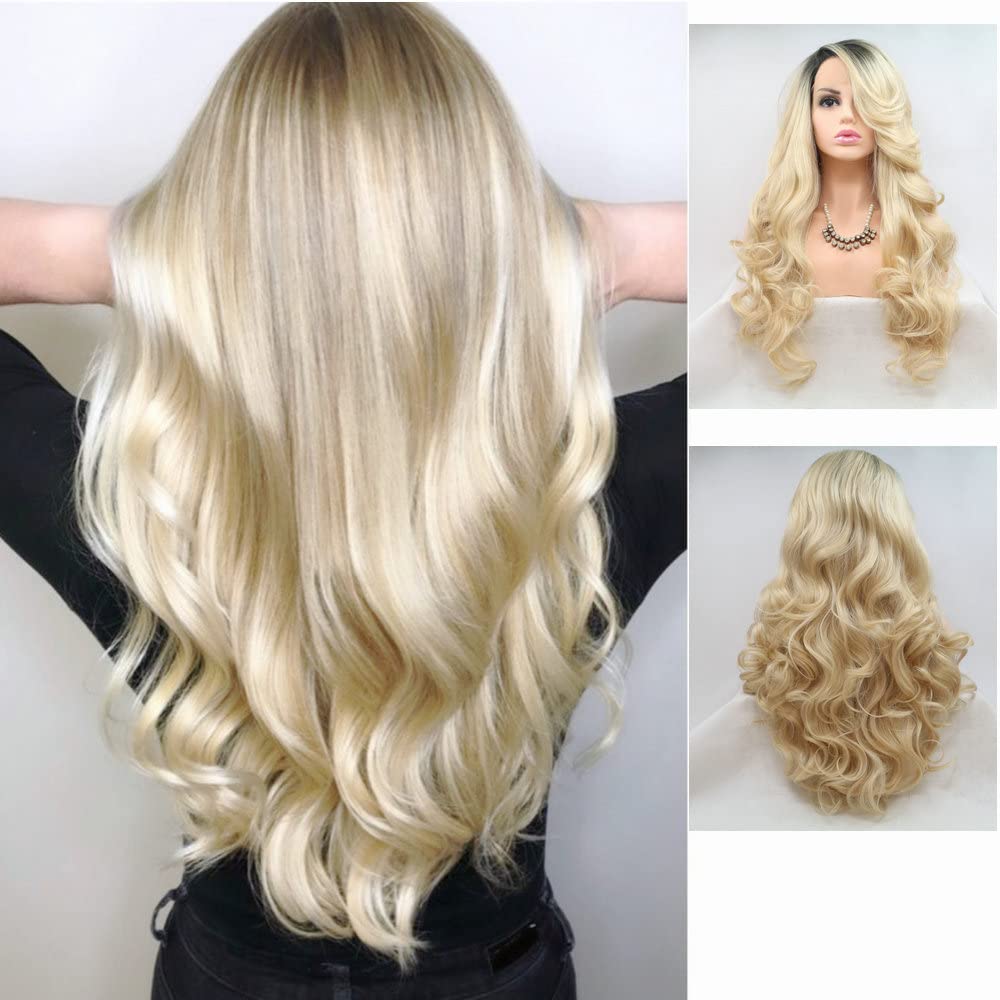 24" Long Wavy Wigs for Women Ombre Curly 13x3" Pre Plucked Natural Hairline Synthetic Lace Front Wig Heat Resistant Fiber Hair Replacement Wigs for Daily Party Halloween Use (Ombre Blonde)
