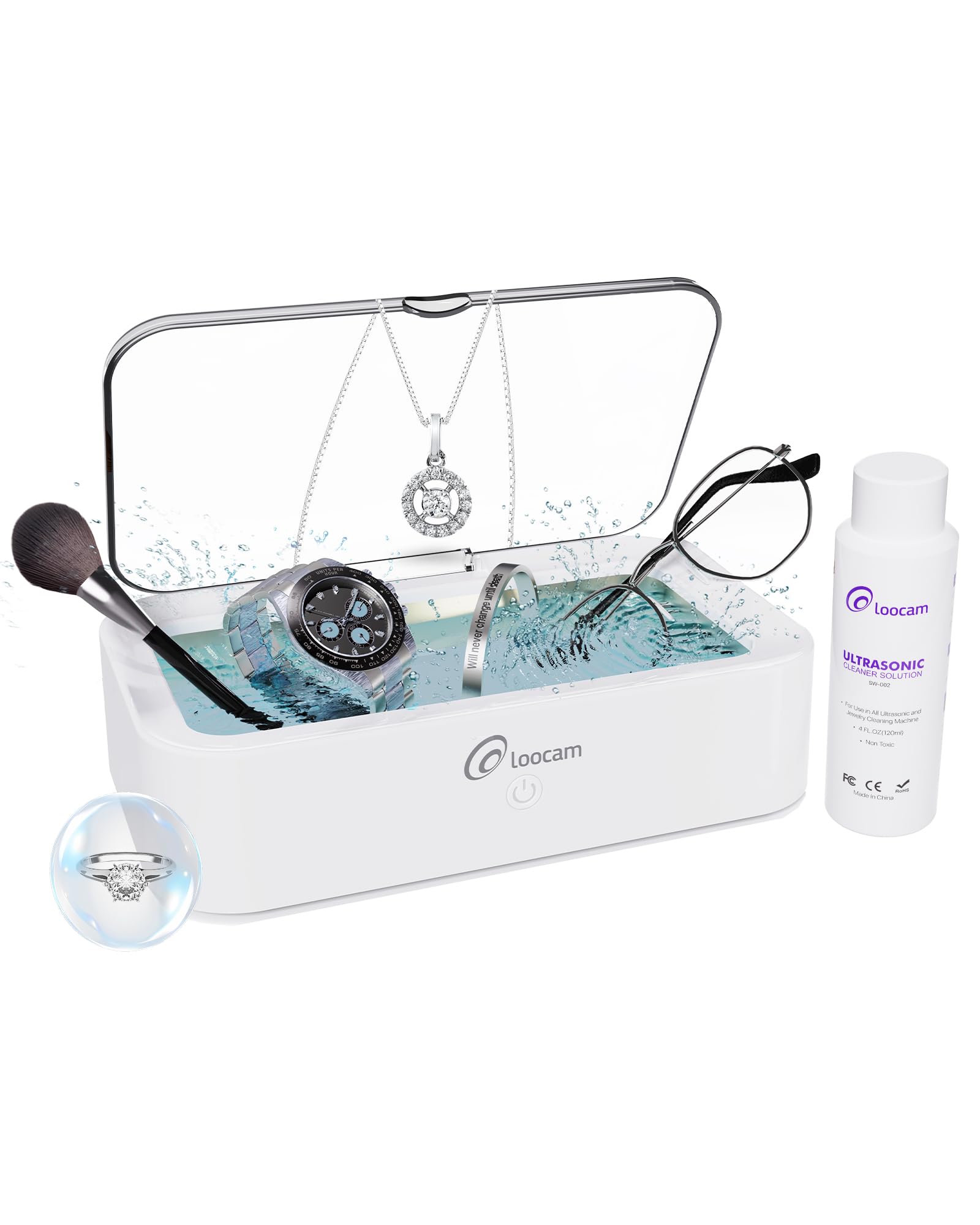Loocam Ultrasonic Cleaner with 120ml Cleaner Solution Included, 600ml/20oz Capacity 46kHz Ultrasonic Jewelry Cleaner, Professional Stainless Steel Cleaning Pod for Jewelry, Eyeglasses, Rings, Watches