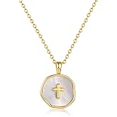 Gold Enamel Mini Cross Necklace Tiny Mother of Pearl Cross Necklace Religious Christian Gift for Baptism First Communion Christmas