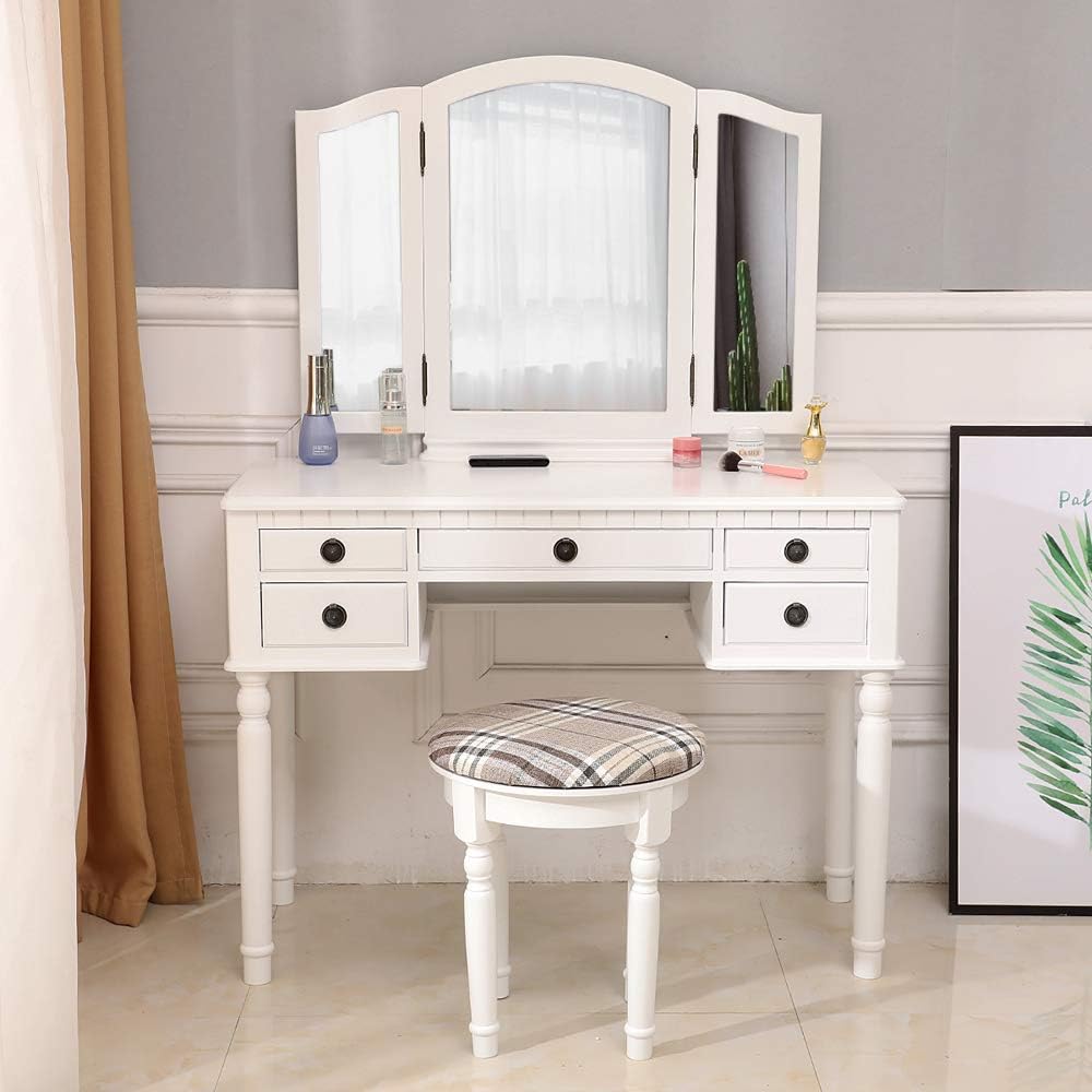 Binrrio Vanity Table Set, Three-Fold Square Mirror Bedroom Makeup Table with Round Cushioned Stool Roman Column Table/Stool Foot Design with 5 Drawer Dressing Table White