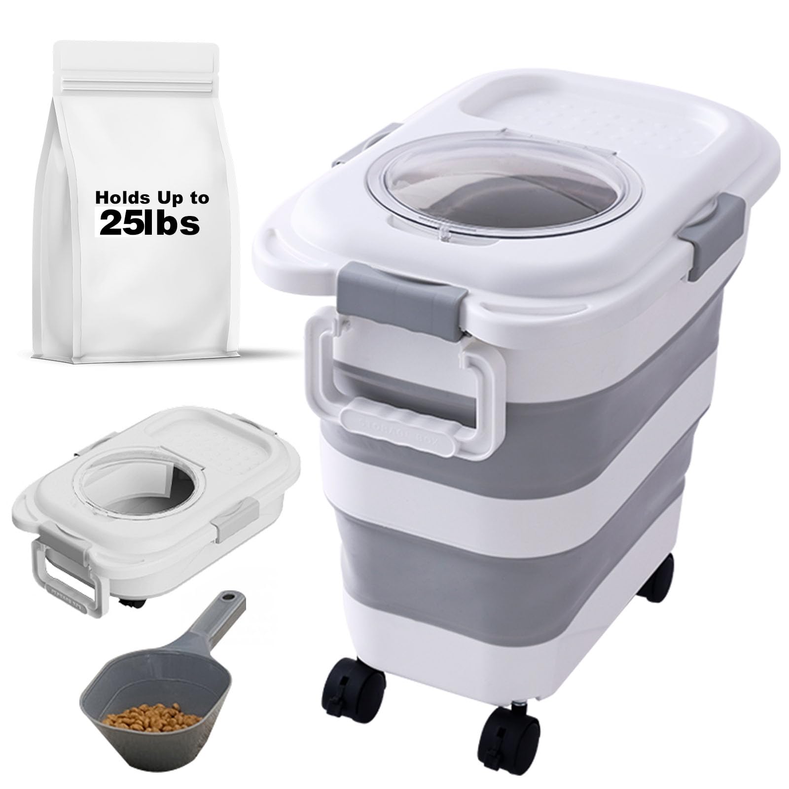 Photo 1 of SEWIU 25 lbs Dog Food Storage Container,Collapsible Dog Food Container with Scoop,Pet/Dog/Cat/Bird Food/Cat litter Storage Containers to Keep Dry,Easy to Move.(white)