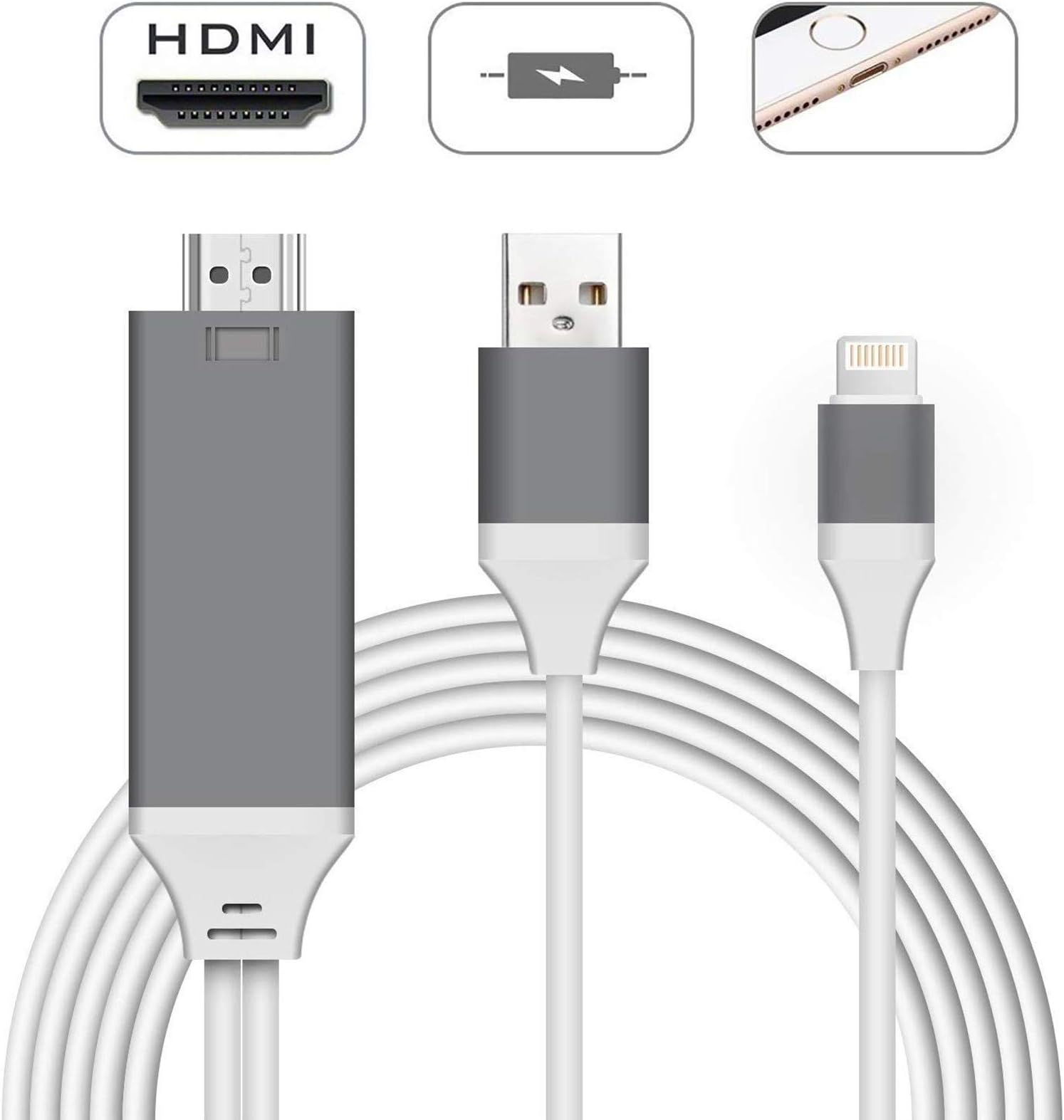 Compatible with iPhone iPad to HDMI Cable,Begmea 6.6ft Digital AV Adapter Cord 1080P HDTV Compatible with iPhone 11 Pro Xs MAX XR X 8 7 6s Plus iPad to TV Projector Monitor (Gray)