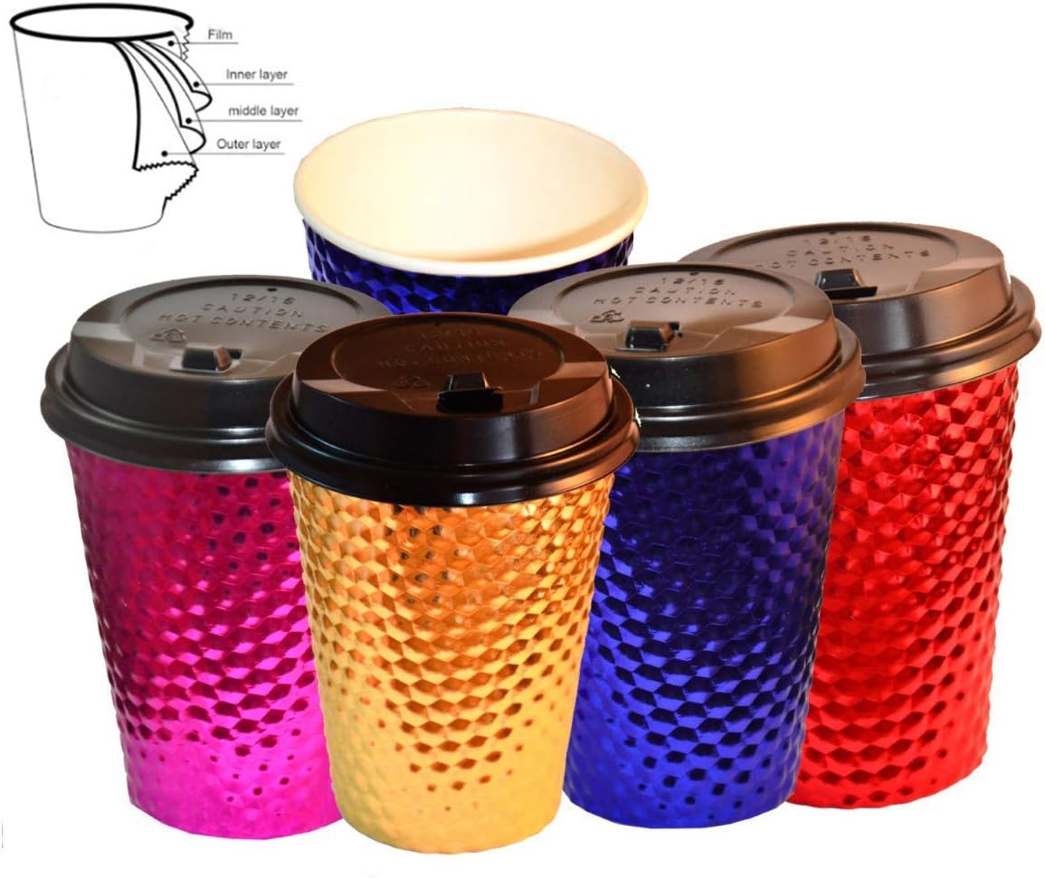 12 Oz Disposable Hot Paper Coffee Cups with Lids, Hot and Cold Insulated Party Drink Cups, Hot Chocolate Cups (48 Lids+48 Cups= 96 Pack)