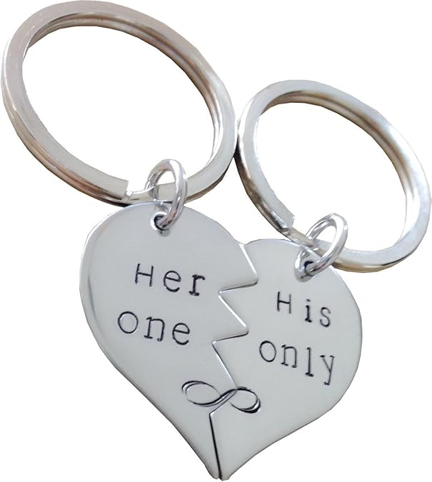 Her one, His only Hand Stamped Broken Heart Keychain Set