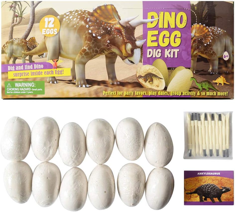 KIDDYCOLOR Dig Up Dinosaur Fossil Eggs Break Open 12 Unique Dinosaur Fossil Eggs and Discover 12 Cute Dinosaurs,Funny Dinosaur Digging Toy for 6 7 8 9-12 Year Old Archaeology Science Excavation Toy