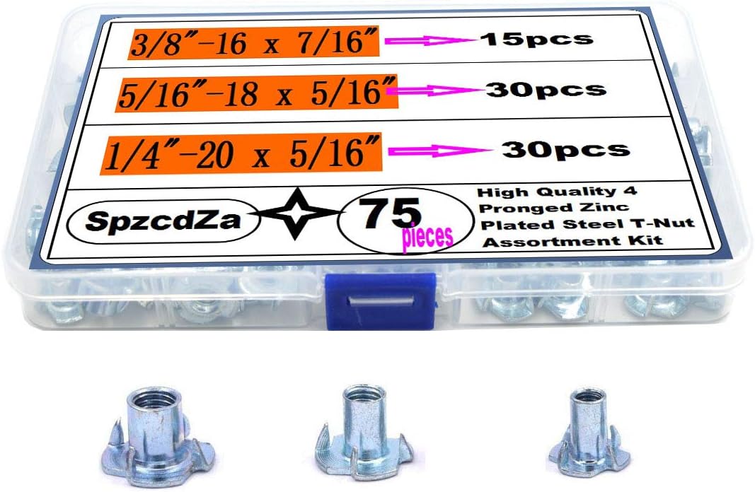 SpzcdZa Zinc Plated Steel T-Nut 4 Pronged Tee Blind Nuts Assortment Kit for Wood, Rock Climbing Holds, Cabinetry, Furniture (1/4