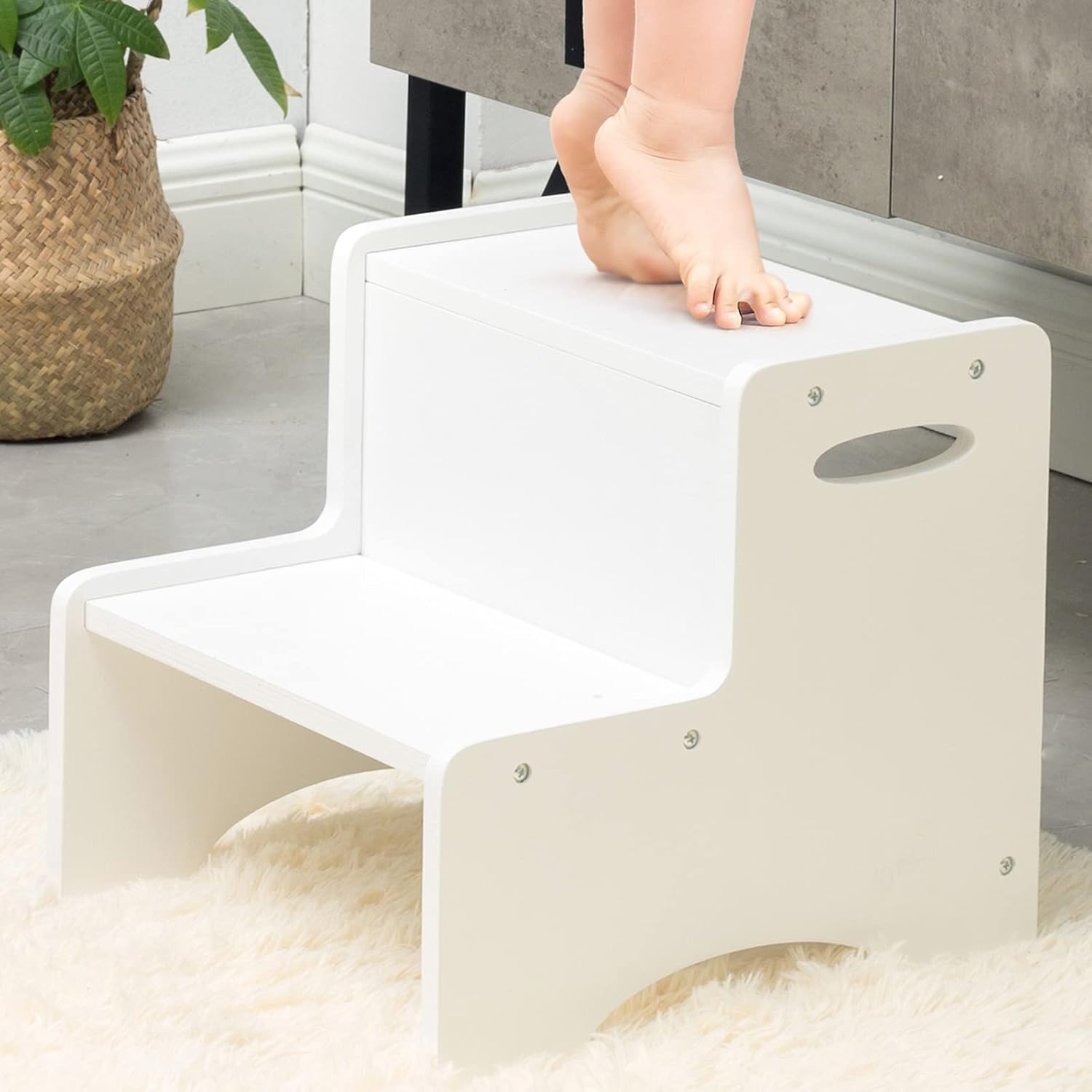 WOOD CITY Wooden Toddler Step Stool for Kids, White Two Step Children's Stool with Handles, Bonus Non-Slip Pads for Safety, Bathroom Potty Stool & Kitchen Step Stools Dual Height: Furniture & Decor