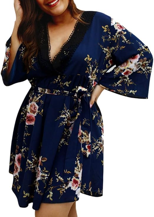 navy floral cut in neck wrap dress