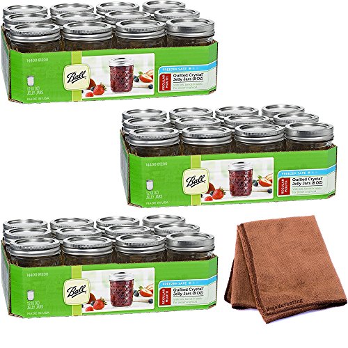 Ball Jar Crystal Jelly Jars with Lids and Bands, 8-Ounce, Quilted, Set of 36, Clear with Cleaner Cloth