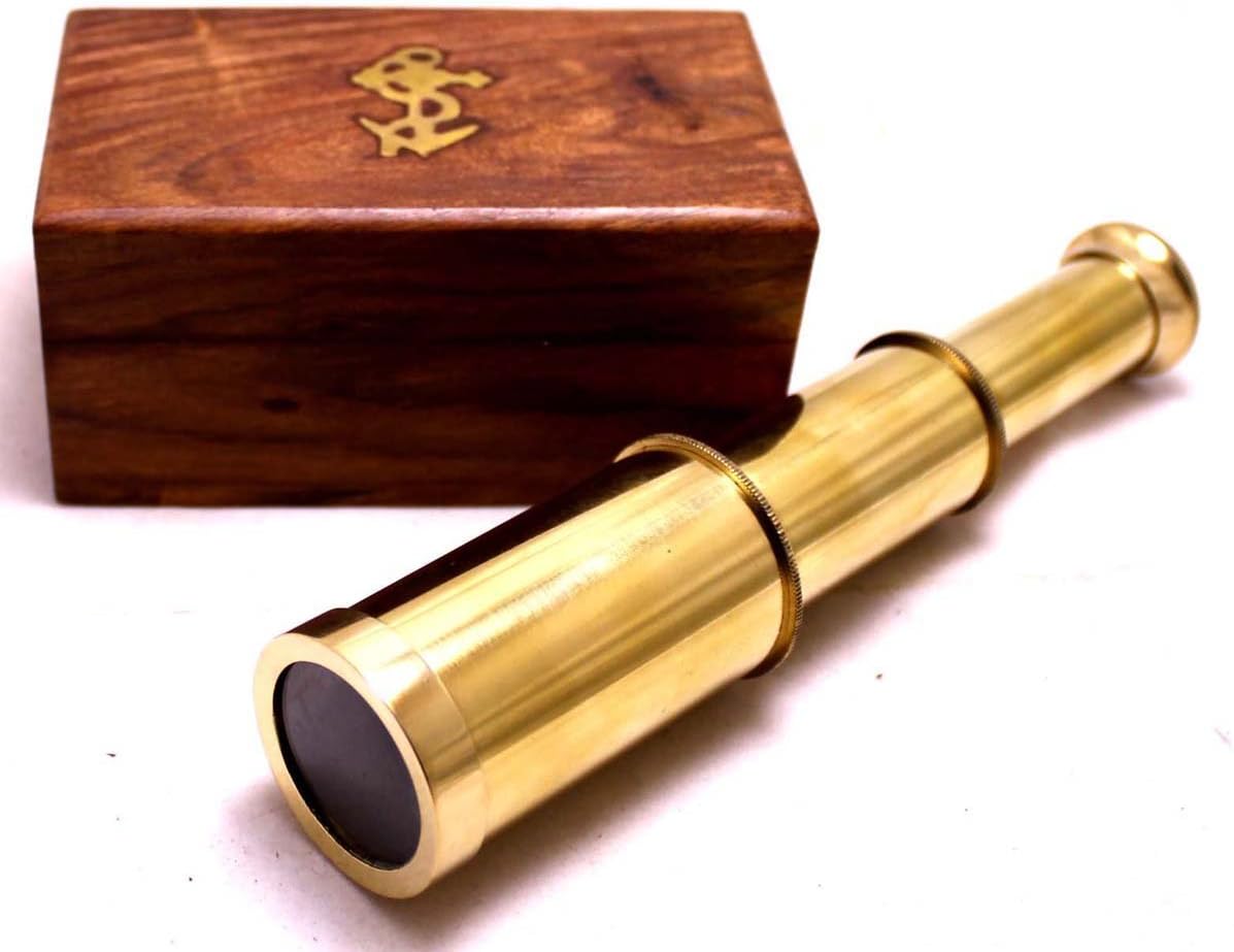 Captains 6 inch Brass Handheld Mini Telescope with Wooden Box Nautical Collectibles