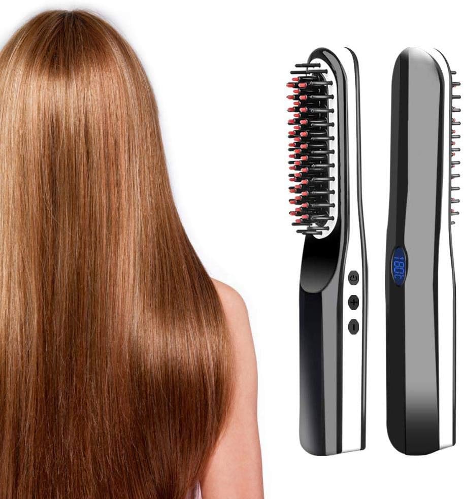 Volwco USB Beard Straightening Brush - Wireless Rechargeable Ceramic Hair Brush, Straightener Brushes with LCD Display and Auto-Off Function, USB Port Charging