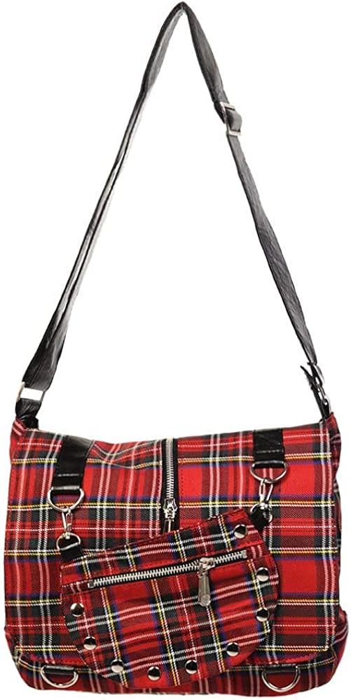 Red Tartan Plaid Print Punk Messenger Cross Body Handbag Purse Handbags