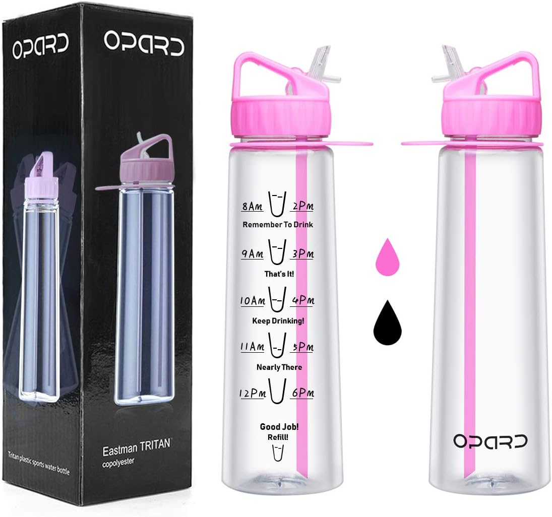 Opard Straw Water Bottle 900ml Motivational Times 100% BPA Free Sports Flip Nozzle Straw Drinks Bottle Leakproof Hydration Water Bottles with Detachable Straw