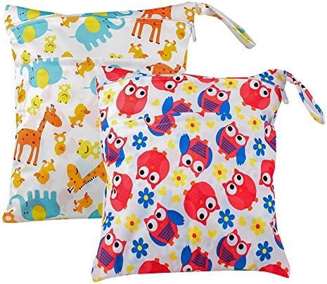 Wet dry bag, Kaoriatoty baby cloth diaper bag, 2 Pack Baby Waterproof Washable Reusable Hanging Nappy Organizer Bag with 2 Zippered Pockets for swimsuit swimwear travel